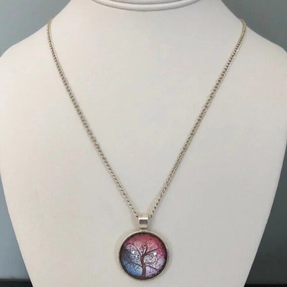 Tree of Life Pendant Purple Blue Silver Tone - Picture 1 of 5